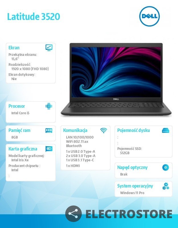 Dell Notebook Latitude 3520 Win11Pro i5-1135G7/512GB/8GB SSD/15.6 FHD/Intel Iris Xe/FgrPR/CAM & Mic/WLAN + BT/Backlit Kb/4 Cell/3Y Pr