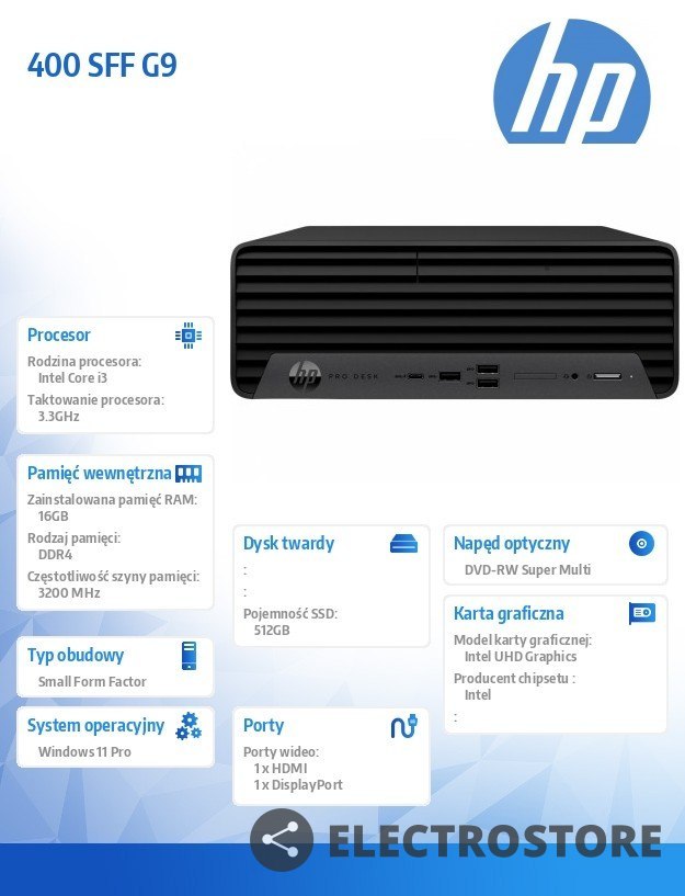 HP Inc. Komputer 400 SFF G9 i3-12100 512GB/16GB/DVD/W11P 6A829EA