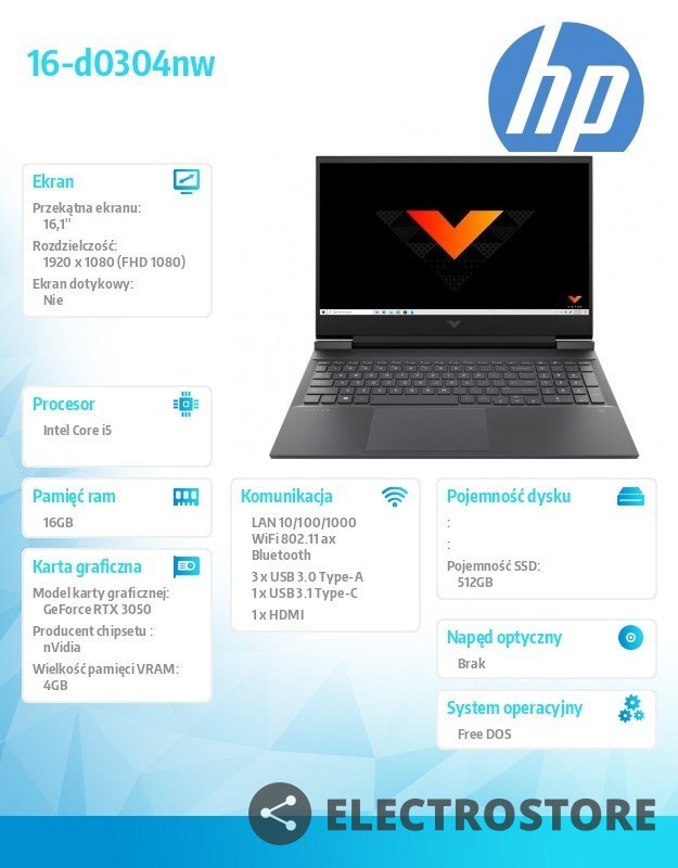 HP Inc. Notebook Victus 16-d0304nw DOS/16.1 i5-11400/512GB/16GB 4H359EA