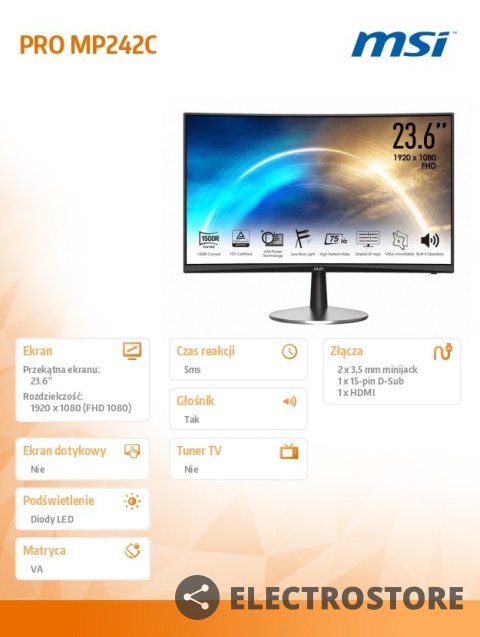 MSI Monitor PRO MP242C 23.6 cala CURVE/VA/FHD/5ms/250nits MSI Monitor PRO MP242C 23.6 cala CURVE/VA/FHD/5ms/250nits