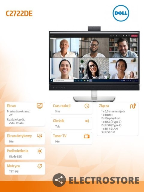 Dell Monitor C2722DE 27 cali LED 2560x1440 HDMI/DP/Camera Dell Monitor C2722DE 27 cali LED 2560x1440 HDMI/DP/Camera