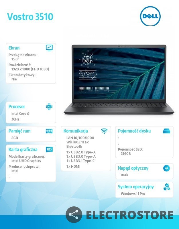 Dell Notebook Vostro 3510/Core i3-1115G4/8GB/256GB SSD/15.6" FHD/Intel UHD/FgrPr/Cam & Mic/WLAN + BT/Backlit Kb/3 Cell/W11Pro