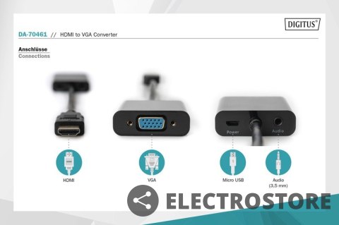 Digitus Konwerter/adapter audio-video HDMI do VGA, 1080p FHD, z audio 3.5mm MiniJack Digitus Konwerter/adapter audio-video HDMI do VGA, 1080p FHD, z audio 3.5mm MiniJack
