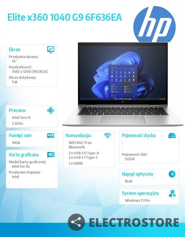 HP Inc. Notebook Elite x360 1040 14 cali G9 2-w-1 Wolf Pro SecurityEdition W11P/14 i5-1235U/512/16 6F636EA