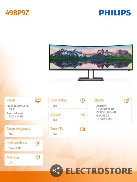 Philips Monitor 48.8 cali 498P9Z Curved VA HDMIx3 DP HAS Philips Monitor 48.8 cali 498P9Z Curved VA HDMIx3 DP HAS