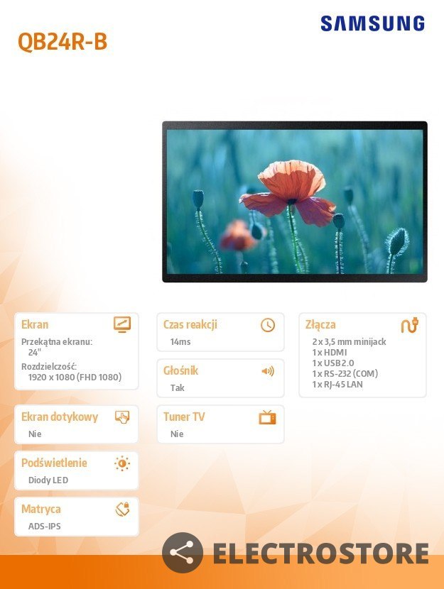 Samsung Monitor profesjonalny QB24R-B 24 cale Matowy 16h/7 250(cd/m2) 1920 x 1080(FHD) S6 Player WiFi 3 lata d2d (LH24QBRBBGCXEN)