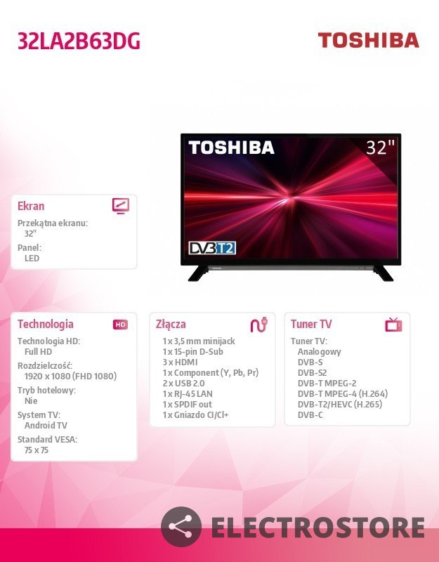 Toshiba Telewizor LED 32 cale 32LA2B63DG