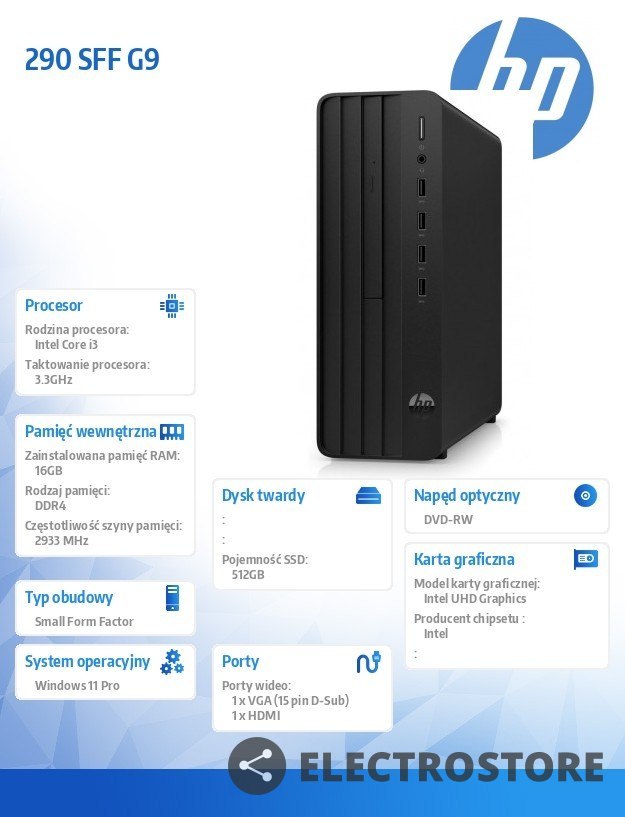 HP Inc. Komputer 290SFF G9 i3-12100 512GB/16GB/DVD/W11P 6D321EA