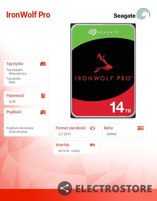 Seagate Dysk IronWolfPro 14TB 3.5'' 256MB ST14000NT001 Seagate Dysk IronWolfPro 14TB 3.5'' 256MB ST14000NT001