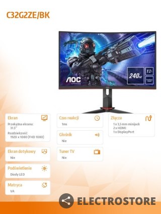 AOC Monitor C32G2ZE/BK 31.5 cala VA Curved 240Hz HDMIx2 DP