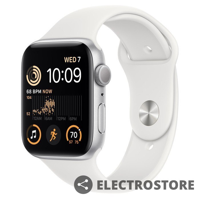 Apple Watch SE GPS, 44 mm Koperta z aluminium w kolorze srebrnym z paskiem sportowym w kolorze białym - regular