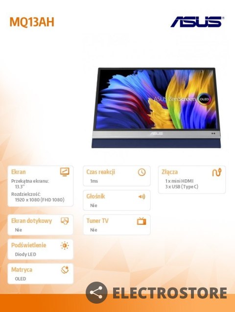 Asus Monitor 13,3 cali MQ13AH GR/1MS/EU/HDMI+3xTYPE-C Asus Monitor 13,3 cali MQ13AH GR/1MS/EU/HDMI+3xTYPE-C