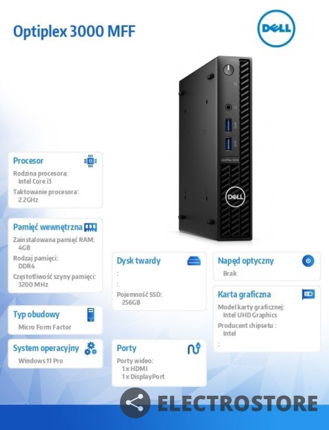 Dell Komputer Optiplex 3000 MFF/Core i3-12100T/4GB/256GB SSD/Integrated/WLAN + BT/Kb/Mouse/W11Pro/3Y Dell Komputer Optiplex 3000 MFF/Core i3-12100T/4GB/256GB SSD/Integrated/WLAN + BT/Kb/Mouse/W11Pro/3Y
