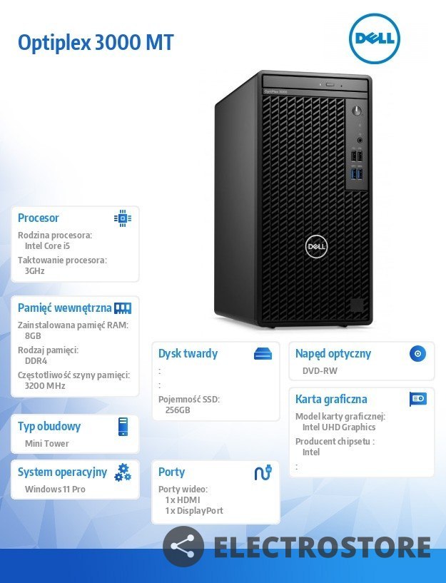 Dell Komputer Optiplex 3000 MT/Core i5-12500/8GB/256GB SSD/Integrated/DVD RW/No Wifi/Kb/Mouse/W11Pro/3Y Dell Komputer Optiplex 3000 MT/Core i5-12500/8GB/256GB SSD/Integrated/DVD RW/No Wifi/Kb/Mouse/W11Pro/3Y