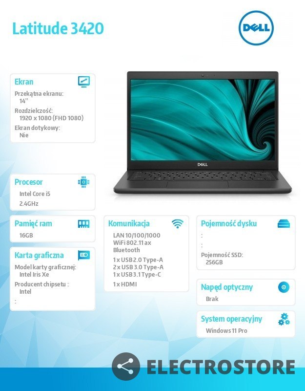 Dell Notebook Latitude 3420 Win11Pro i5-1135G7/16GB/256GB SSD/14.0 FHD/Intel Iris Xe/FgrPr/Cam & Mic/WLAN + BT/Backlit Kb/4 Cell/3Y P