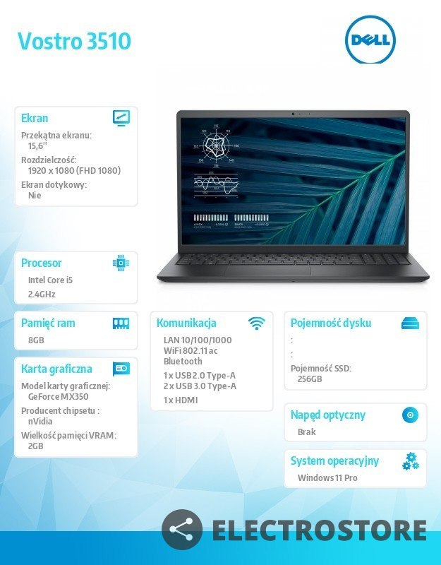 Dell Notebook Vostro 3510 Win11Pro i5-1135G7/8GB/256GB SSD/15.6" FHD/GeForce MX 350/FgrPr/Cam & Mic/WLAN + BT/Backlit Kb/3 Cell/3Y Pr