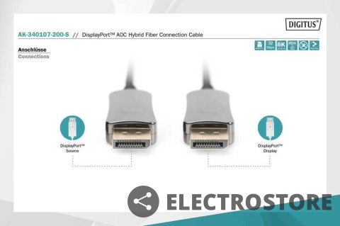 Digitus Kabel połączeniowy hybrydowy AOC DisplayPort 1.4 8K/60Hz UHD DP/DP M/M 20m Czarny Digitus Kabel połączeniowy hybrydowy AOC DisplayPort 1.4 8K/60Hz UHD DP/DP M/M 20m Czarny