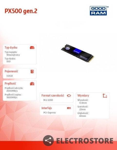 GOODRAM Dysk SSD PX500-G2 512GB M.2 PCIe 3x4 NVMe 2280 GOODRAM Dysk SSD PX500-G2 512GB M.2 PCIe 3x4 NVMe 2280
