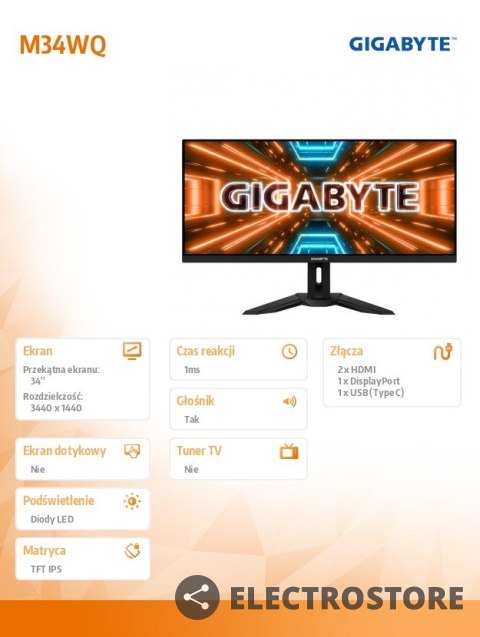 Gigabyte Monitor 34 cale M34WQ 144Hz 1ms/IPS/HDMI/USBC/DP Gigabyte Monitor 34 cale M34WQ 144Hz 1ms/IPS/HDMI/USBC/DP