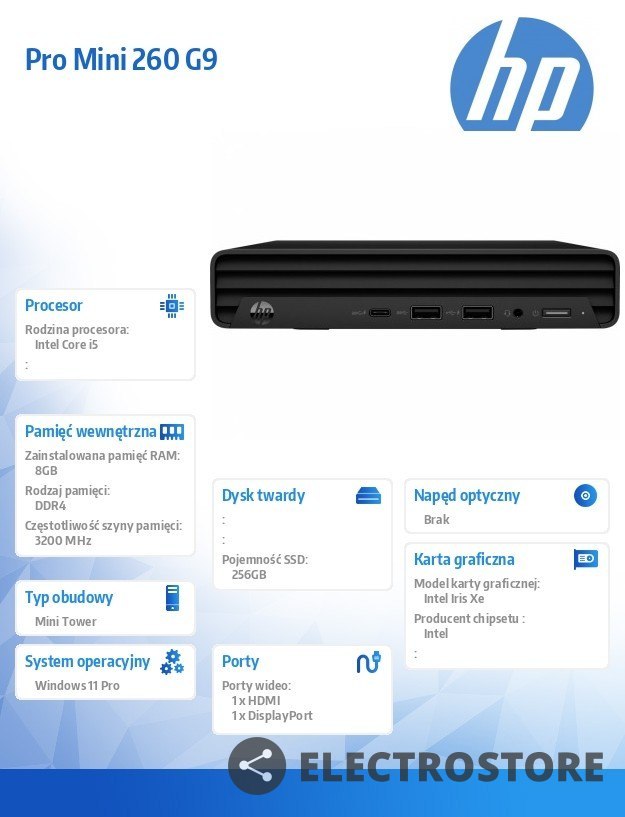 HP Inc. Komputer Pro Mini 260 MT G9 i5-1235U 256GB/8GB/W11P 6B2H7EA