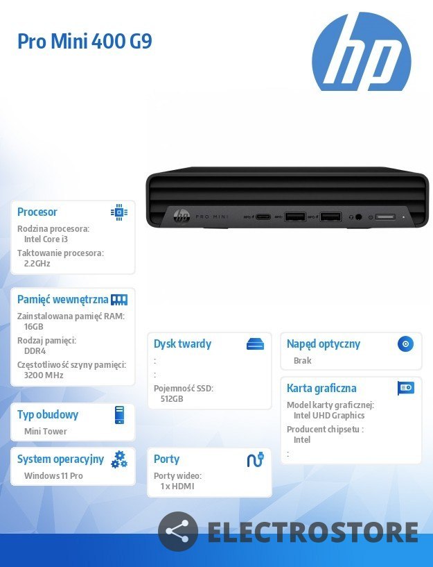 HP Inc. Komputer Pro Mini 400 G9 MT i3-12100 512GB/16GB/W11P 6B2J0EA
