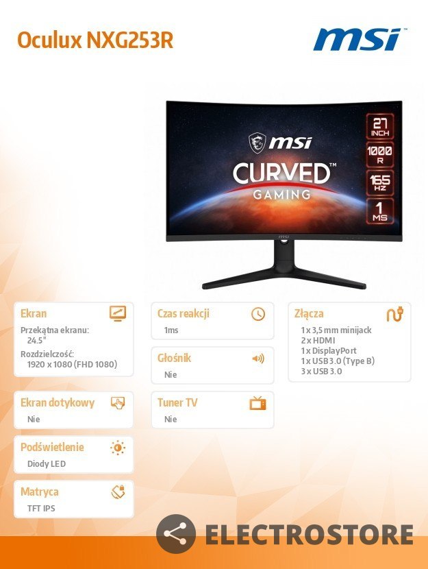 MSI Monitor 24,5 cali Oculux NXG253R FHD/IPS/360Hz/1ms