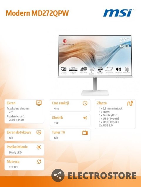 MSI Monitor Modern MD272QPW 27 cali IPS/WQHD/4ms/75Hz/250nit MSI Monitor Modern MD272QPW 27 cali IPS/WQHD/4ms/75Hz/250nit