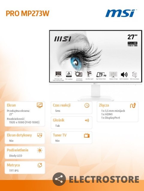 MSI Monitor PRO MP273W 27 cali IPS /FHD/75Hz/HDMI DP/biały MSI Monitor PRO MP273W 27 cali IPS /FHD/75Hz/HDMI DP/biały