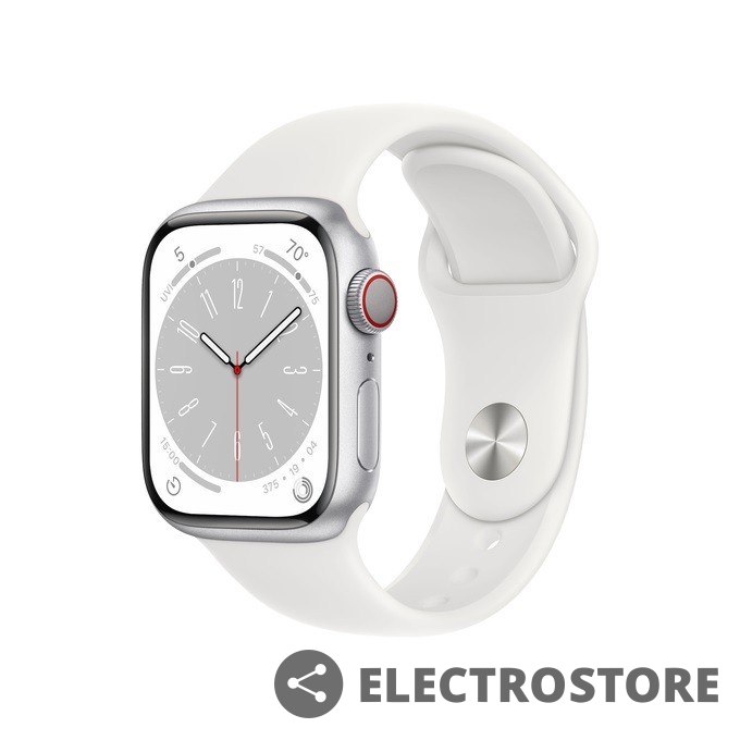 Apple Watch Series 8 GPS + Cellular, 41 mm Koperta z aluminium w kolorze srebrnym z paskiem sportowym w kolorze białym - regular