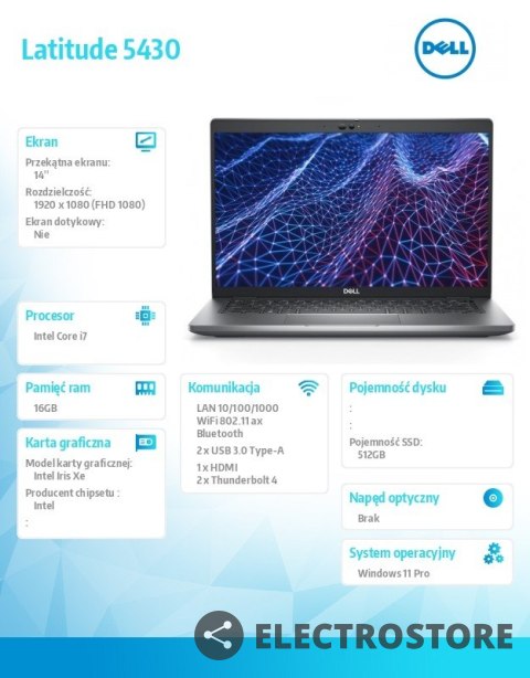 Dell Notebook Latitude 5430 Win11Pro i7-1255U/16GB/512GB SSD/14.0 FHD/Intel Iris Xe/ThBlt & FgrPr & SmtCd/IR Cam/Mic/WLAN + BT/Backli Dell Notebook Latitude 5430 Win11Pro i7-1255U/16GB/512GB SSD/14.0 FHD/Intel Iris Xe/ThBlt & FgrPr & SmtCd/IR Cam/Mic/WLAN + BT/Backli