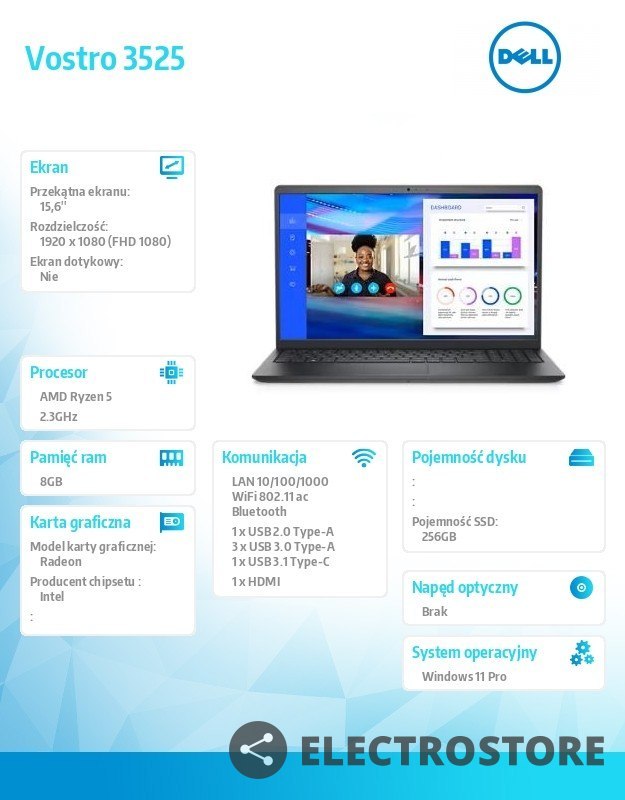 Dell Notebook Vostro 3525 Win11Pro Ryzen 5 5625U/8GB/256GB SSD/15.6 FHD/AMD Radeon/FgrPr/Cam & Mic/WLAN + BT/Backlit Kb/3 Cell/3Y Pro