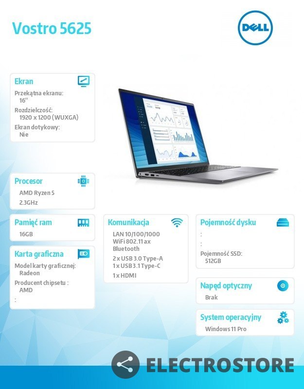 Dell Notebook Vostro 5625 Win11Pro Ryzen 5/16GB/512GB SSD/16 FHD non Touch/AMD Radeon/FgrPr/MediaTek Wi-Fi 6 MT7921 2x2/Backlit Kb/4 