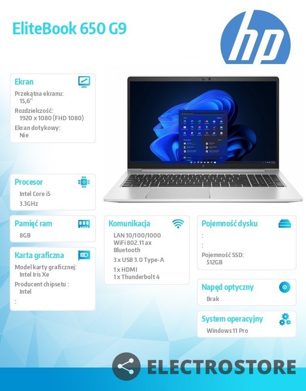 HP Inc. Notebook EliteBook 650 G9 i5-1235U 512GB/8GB/W11P/15,6 6A187EA