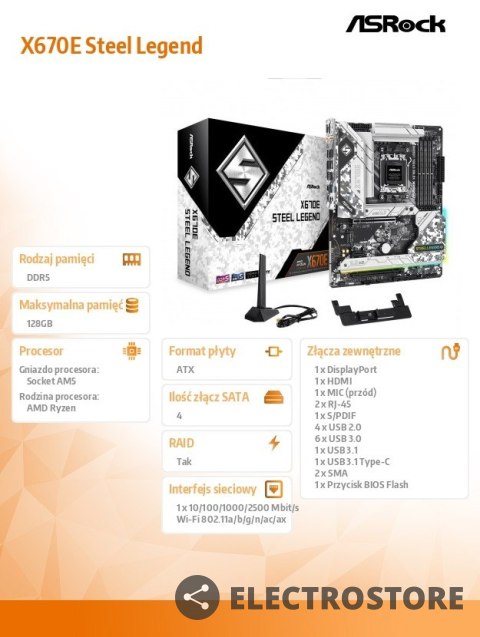 ASRock Płyta główna X670E STEEL LEGEND AM5 4DDR5 HDMI/DP M.2 EATX ASRock Płyta główna X670E STEEL LEGEND AM5 4DDR5 HDMI/DP M.2 EATX