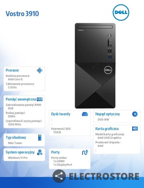 Dell Komputer Vostro 3910 MT Win11Pro i5-12400/8GB/512GB SSD/Intel UHD 730/WLAN + BT/Kb/Mouse/3YPS Dell Komputer Vostro 3910 MT Win11Pro i5-12400/8GB/512GB SSD/Intel UHD 730/WLAN + BT/Kb/Mouse/3YPS