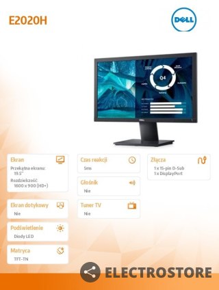 Dell Monitor E2020H 19.5 cali LED TN (1600x900) /16:9/VGA/DP 1.2/5Y PPG
