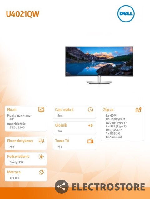 Dell Monitor 40 cali U4021QW 40 Curved 21:9/5120x2160/3Y PPG Dell Monitor 40 cali U4021QW 40 Curved 21:9/5120x2160/3Y PPG