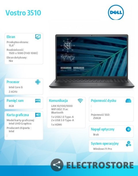 Dell Notebook Vostro 3510 Win11Pro i5-1135G7/8GB/256GB SSD/15.6 FHD/Intel UHD/FgrPr/Cam & Mic/WLAN + BT/Backlit Kb/3 Cell/3YPS Dell Notebook Vostro 3510 Win11Pro i5-1135G7/8GB/256GB SSD/15.6 FHD/Intel UHD/FgrPr/Cam & Mic/WLAN + BT/Backlit Kb/3 Cell/3YPS
