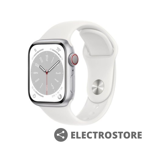Apple Watch Series 8 GPS, 41 mm Koperta z aluminium w kolorze srebrnym z paskiem sportowym w kolorze białym - regular
