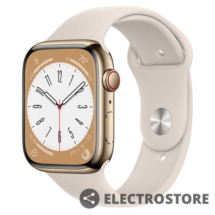 Apple Watch Series 8 GPS + Cellular, 45 mm Koperta ze stali nierdzewnej w kolorze złotym z paskiem sportowym w kolorze księżycowej poś Apple Watch Series 8 GPS + Cellular, 45 mm Koperta ze stali nierdzewnej w kolorze złotym z paskiem sportowym w kolorze księżycowej poś