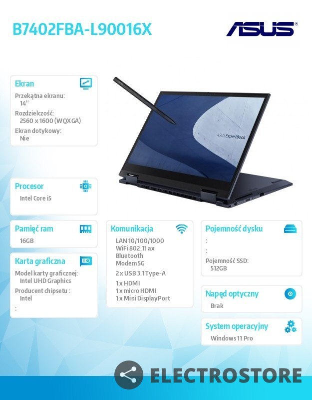 Asus Notebook B7402FBA-L90016X i5-1240P 16GB/512GB/14.0/ Windows 11 PRO ; 36 miesięcy ON-SITE NBD - wyceny specjalne u PM