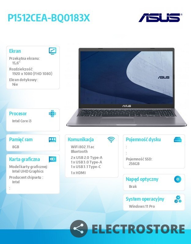 Asus Notebook Notebook 15,6 cala P1512CEA-BQ0183X i3-1115G4 8GB/256GB/integr/15.6/ Windows 11 PRO ; 36 miesięcy ON-SITE NBD - wyceny Asus Notebook Notebook 15,6 cala P1512CEA-BQ0183X i3-1115G4 8GB/256GB/integr/15.6/ Windows 11 PRO ; 36 miesięcy ON-SITE NBD - wyceny