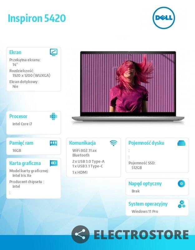 Dell Notebook Inspiron 5420 W11Pro i7-1255U/512GB/16GB/Intel Iris Xe/14.0 FHD+/KB-BACKLIT/Silver/2Y BWOS Dell Notebook Inspiron 5420 W11Pro i7-1255U/512GB/16GB/Intel Iris Xe/14.0 FHD+/KB-BACKLIT/Silver/2Y BWOS