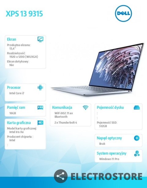 Dell Notebook XPS 13 9315 Win11Pro i7-1250U/512GB/16GB/Intel Iris Xe/Backlit/Sky/2Y NBD Dell Notebook XPS 13 9315 Win11Pro i7-1250U/512GB/16GB/Intel Iris Xe/Backlit/Sky/2Y NBD