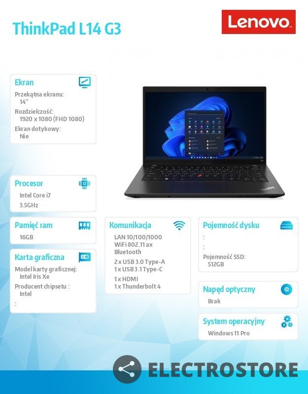 Lenovo Laptop ThinkPad L14 G3 21C1005VPB W11Pro i7-1255U/16GB/512GB/INT/14.0 FHD/1YR Premier Support + 3YRS OS