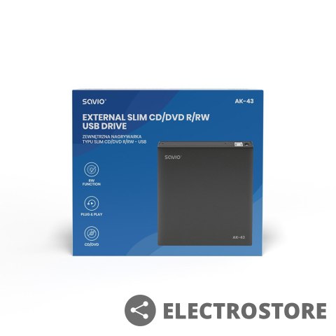 Savio Zewnętrzny napęd - nagrywarka typu SLIM CD/DVD R/RW - USB SAVIO AK-43 Savio Zewnętrzny napęd - nagrywarka typu SLIM CD/DVD R/RW - USB SAVIO AK-43