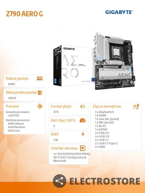 Gigabyte Płyta główna Z790 AERO G s1700 4DDR5 HDMI USB-C M.2 ATX Gigabyte Płyta główna Z790 AERO G s1700 4DDR5 HDMI USB-C M.2 ATX