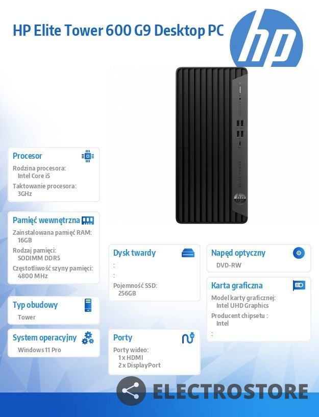 HP Inc. Komputer Elite 600TWR G9 i5-12500 256GB/16GB/DVD/W11P 6A819EA
