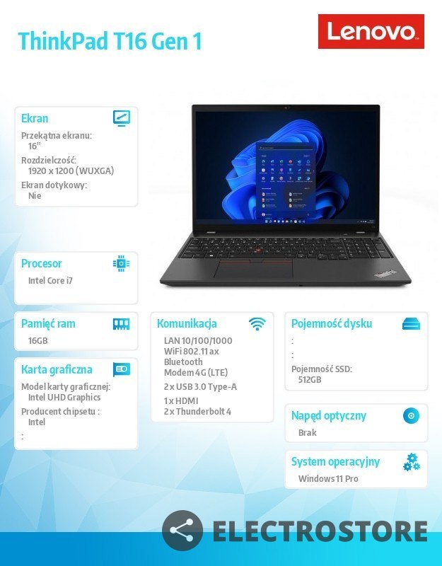 Lenovo Notebook ThinkPad T16 G1 21BV009UPB W11Pro i7-1255U/16GB/512GB/INT/LTE/16.0 WUXGA/Black/3YRS Premier Support