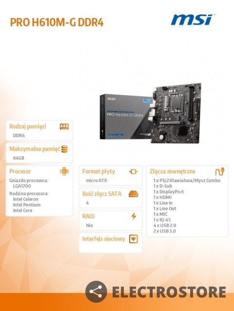 MSI Płyta główna PRO H610M-G s1700 DDR4 DP/HDMI M.2 mATX MSI Płyta główna PRO H610M-G s1700 DDR4 DP/HDMI M.2 mATX